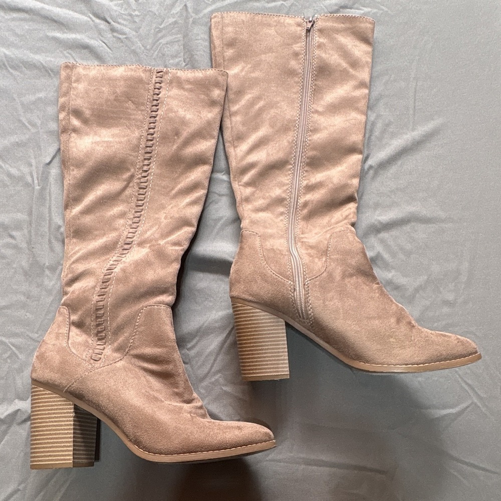 SODA Women's Tall Knee High Tan Suede Boots